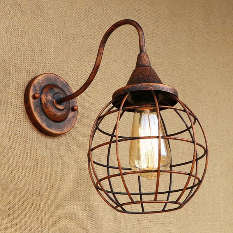 Frendorf | Rustikale Stil Ball Cage Wandbeleuchtung mit Gänneckarm 1 Glühbirne Eisen Wandleuchte in Rost/schwarz Finish