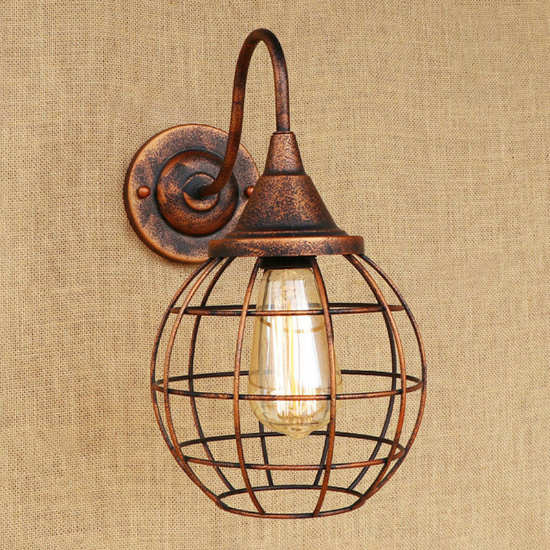 Frendorf | Rustikale Stil Ball Cage Wandbeleuchtung mit Gänneckarm 1 Glühbirne Eisen Wandleuchte in Rost/schwarz Finish