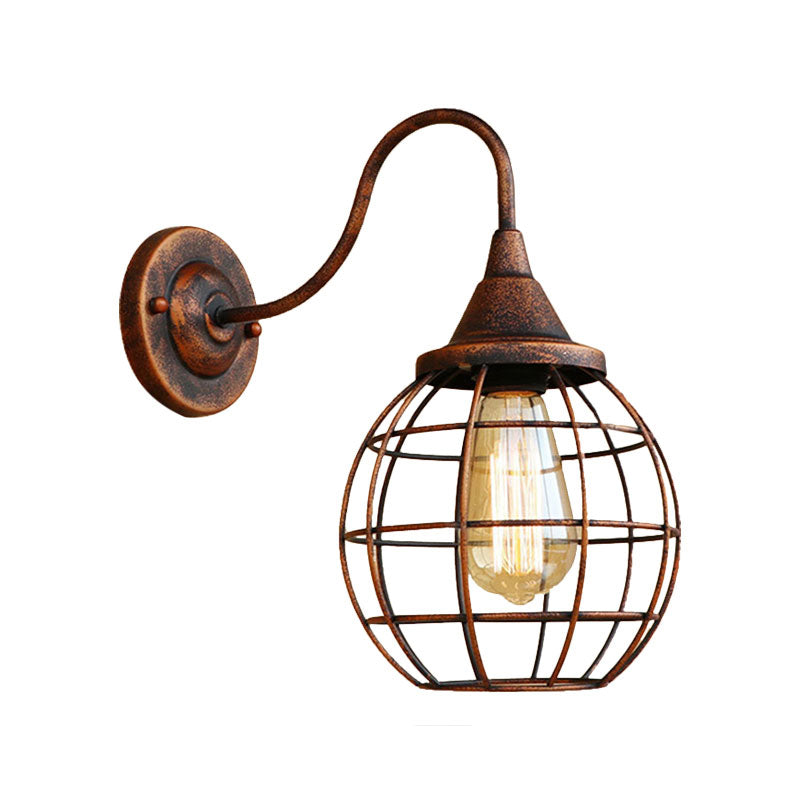 Frendorf | Rustikale Stil Ball Cage Wandbeleuchtung mit Gänneckarm 1 Glühbirne Eisen Wandleuchte in Rost/schwarz Finish