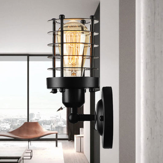 Frendorf | Gegoten IJzeren Cilinder Wandlamp met Kooi Schaduw Industrieel 1 Kop Binnen Wandmontage Licht in Roest/Zwarte Afwerking