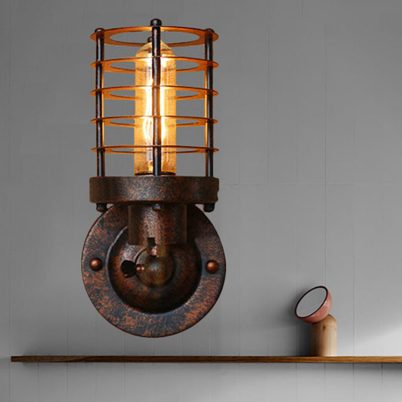 Frendorf | Gegoten IJzeren Cilinder Wandlamp met Kooi Schaduw Industrieel 1 Kop Binnen Wandmontage Licht in Roest/Zwarte Afwerking
