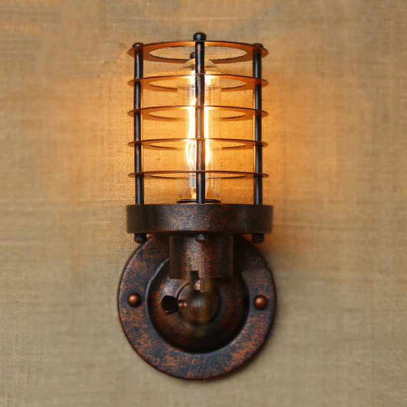 Frendorf | Gegoten IJzeren Cilinder Wandlamp met Kooi Schaduw Industrieel 1 Kop Binnen Wandmontage Licht in Roest/Zwarte Afwerking