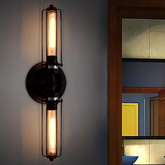 Frendorf | 2 Lichter Röhrenkäfig Wandbeleuchtung mit linearem Design Industriestil Rost/schwarz Metallische Wandlampe für Flur