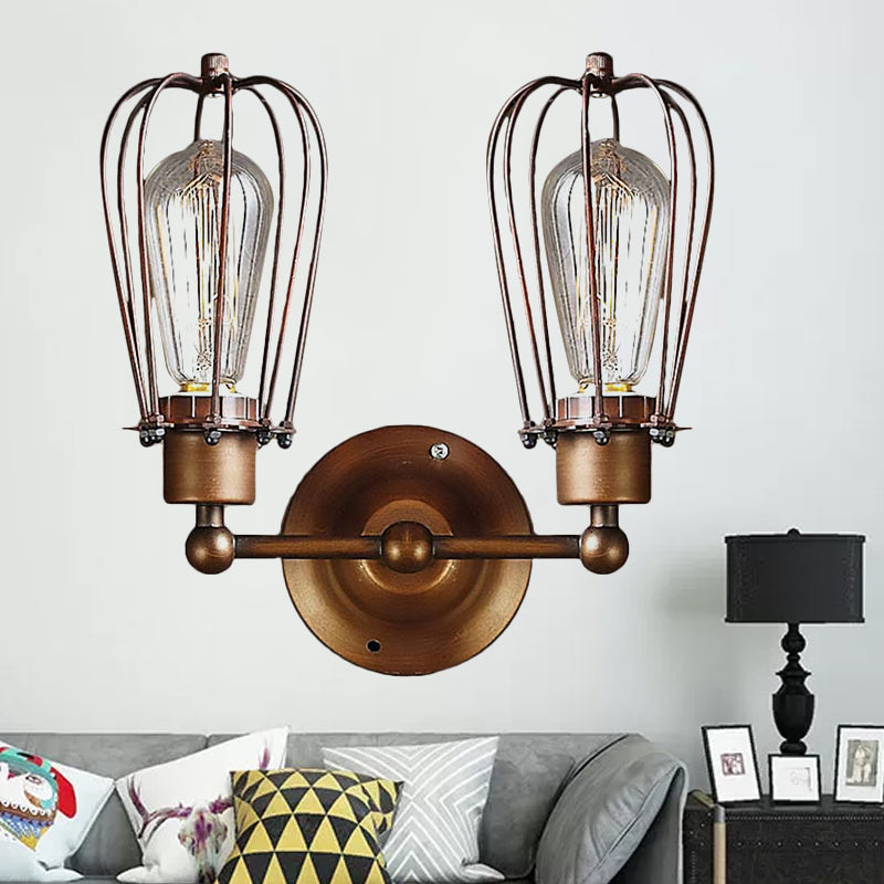 Frendorf | Industrieller Stil Käfig Wandleuchten mit Lampenschirm 2 Lichter Metall Mini Wandleuchte in Kupfer/Antik Silber