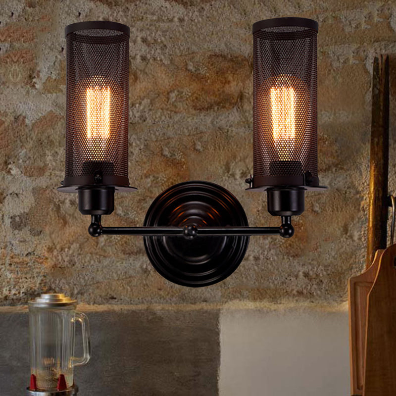 Frendorf | Zylinder Eisen Wand Sconces Beleuchtung mit Netzschirm Antik Stil 1/2-Glühbirne Bauernhaus Wandlampe in Schwarz