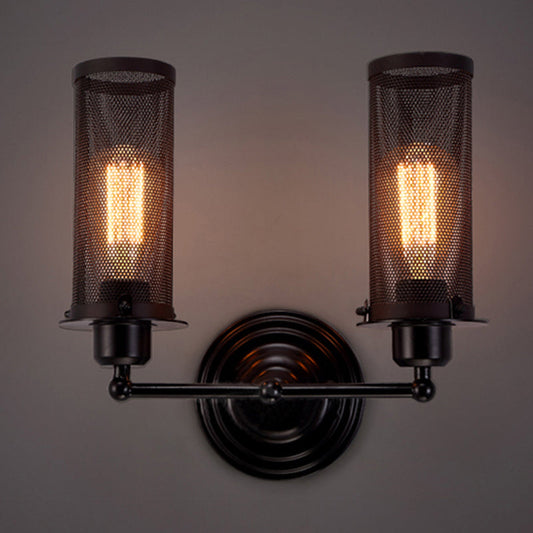 Frendorf | Zylinder Eisen Wand Sconces Beleuchtung mit Netzschirm Antik Stil 1/2-Glühbirne Bauernhaus Wandlampe in Schwarz