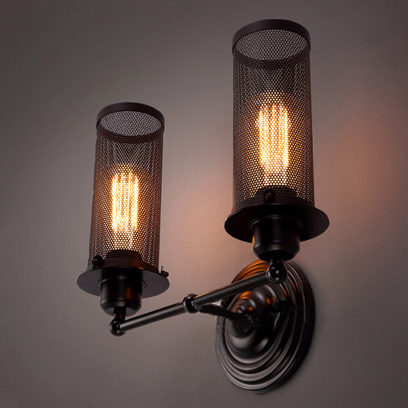 Frendorf | Zylinder Eisen Wand Sconces Beleuchtung mit Netzschirm Antik Stil 1/2-Glühbirne Bauernhaus Wandlampe in Schwarz
