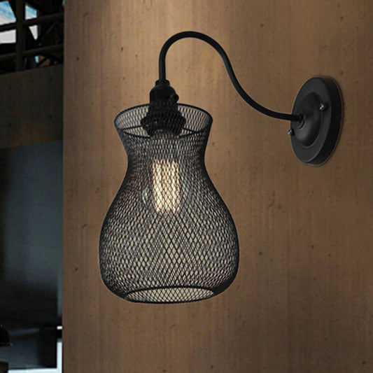 Frendorf | 1 Glühbirnen Vase Form Wand Sconce mit Mesh-Schirm Industriestil Schwarz Metall Wandleuchte für Flur