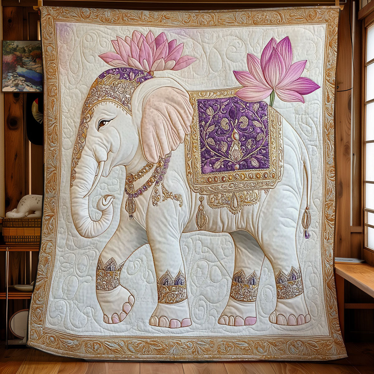 Majestic White Elephant Lotus Quilt