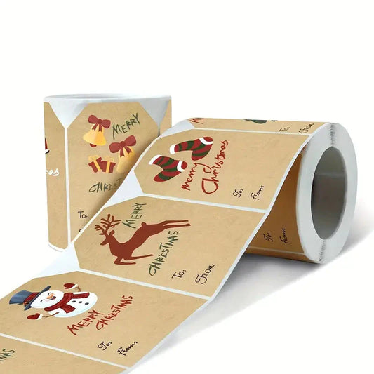 Frendorf | 250 Stück/Rolle Weihnachtsaufkleber - 2x3 Kraftpapier Baum Socken Schneemann Elch Frohe Weihnachten