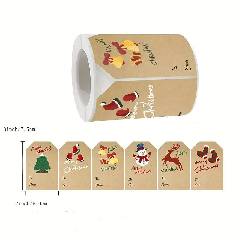 Frendorf | 250 Stück/Rolle Weihnachtsaufkleber - 2x3 Kraftpapier Baum Socken Schneemann Elch Frohe Weihnachten