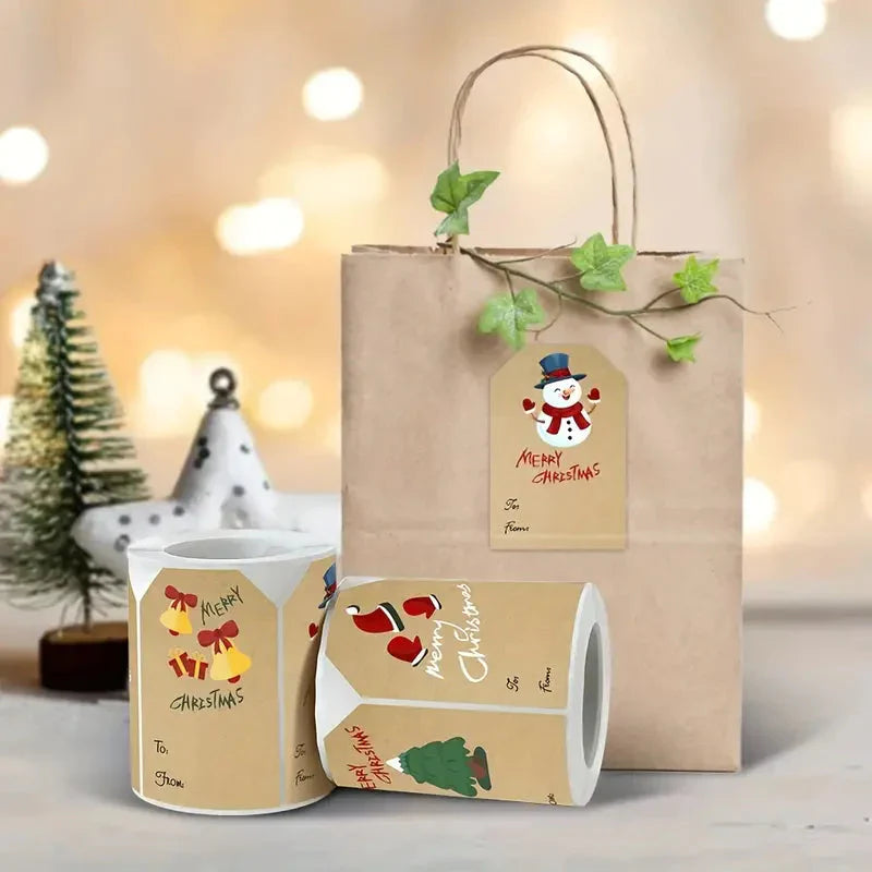 Frendorf | 250 Stück/Rolle Weihnachtsaufkleber - 2x3 Kraftpapier Baum Socken Schneemann Elch Frohe Weihnachten