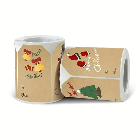 Frendorf | 250 Stück/Rolle Weihnachtsaufkleber - 2x3 Kraftpapier Baum Socken Schneemann Elch Frohe Weihnachten