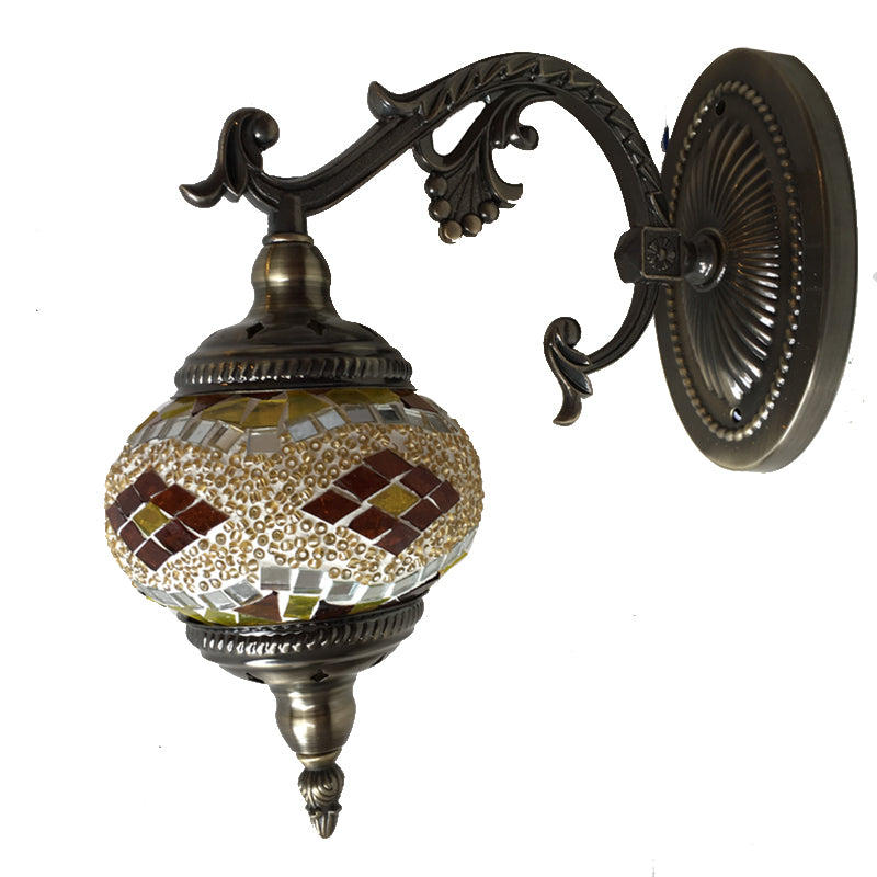 Frendorf | Gekromde Arm Wandlamp Traditionary Metaal 1 Kop Bruin Muur Gemonteerde Lamp met Bal Geel/Groen Glazen Kap voor Balkon