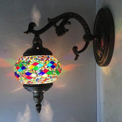Frendorf | Gekromde Arm Wandlamp Traditionary Metaal 1 Kop Bruin Muur Gemonteerde Lamp met Bal Geel/Groen Glazen Kap voor Balkon