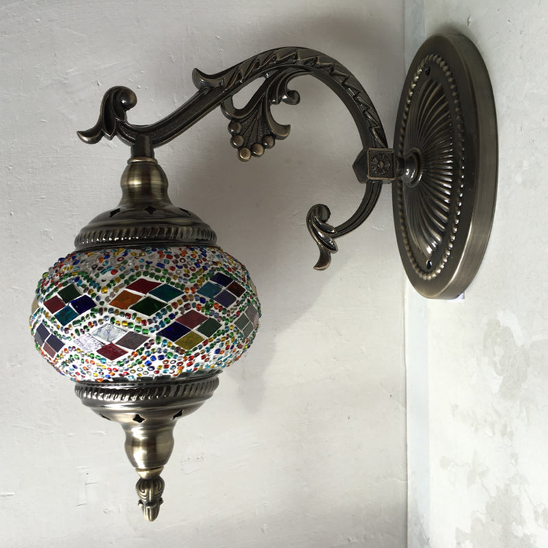 Frendorf | Gekromde Arm Wandlamp Traditionary Metaal 1 Kop Bruin Muur Gemonteerde Lamp met Bal Geel/Groen Glazen Kap voor Balkon