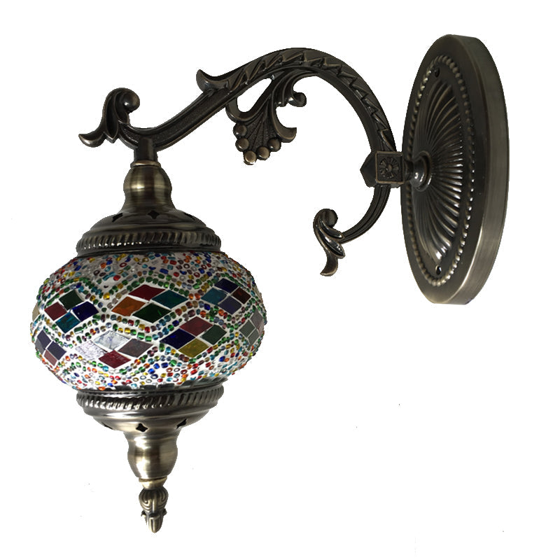 Frendorf | Gekromde Arm Wandlamp Traditionary Metaal 1 Kop Bruin Muur Gemonteerde Lamp met Bal Geel/Groen Glazen Kap voor Balkon