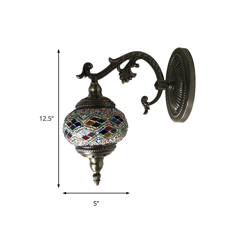 Frendorf | Gekromde Arm Wandlamp Traditionary Metaal 1 Kop Bruin Muur Gemonteerde Lamp met Bal Geel/Groen Glazen Kap voor Balkon