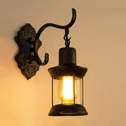 Frendorf | Lantern Klares Glas Wandmontierte Lampe Vintage Einzelne Glühbirne Outdoor Wandleuchte Licht in Schwarz mit geschnitztem Muster