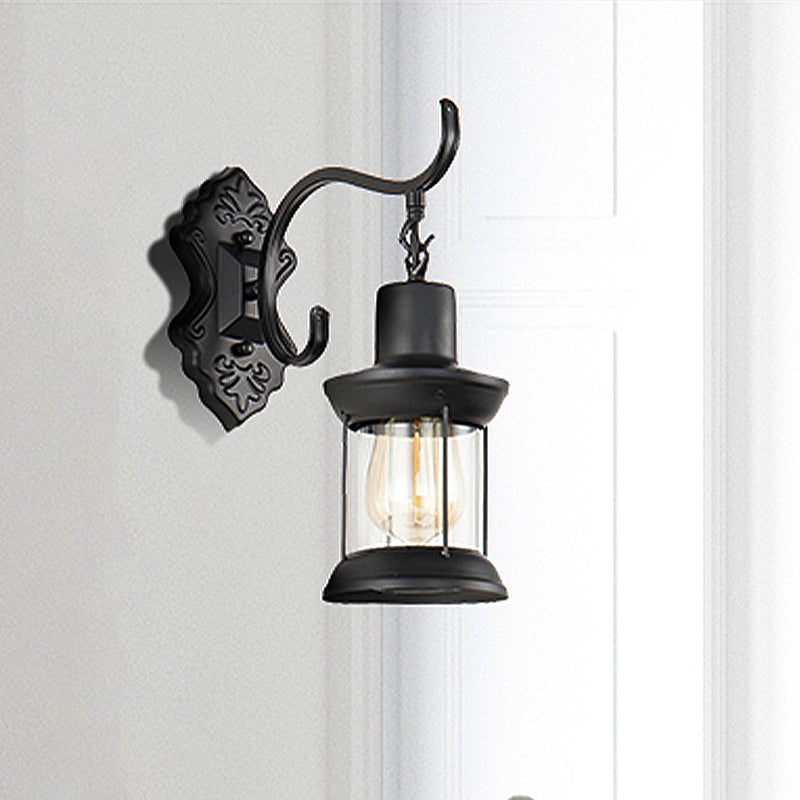 Frendorf | Lantern Klares Glas Wandmontierte Lampe Vintage Einzelne Glühbirne Outdoor Wandleuchte Licht in Schwarz mit geschnitztem Muster