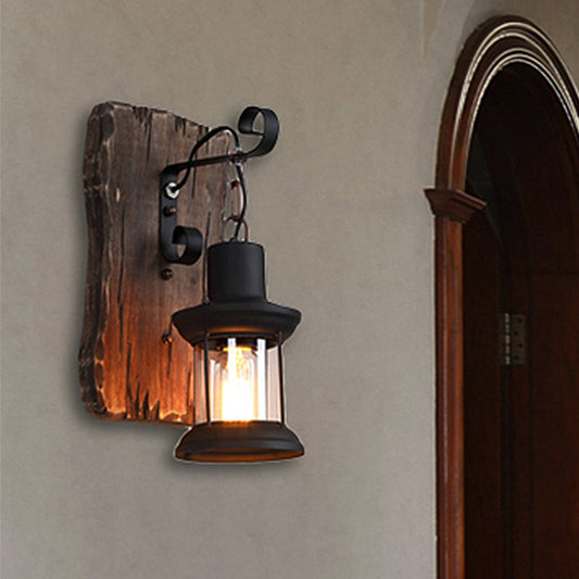 Frendorf | Schwarze Ein-Lampen-Wandleuchte Rustikales klares Glas mit Gitterbeleuchtung und Holzrückwand