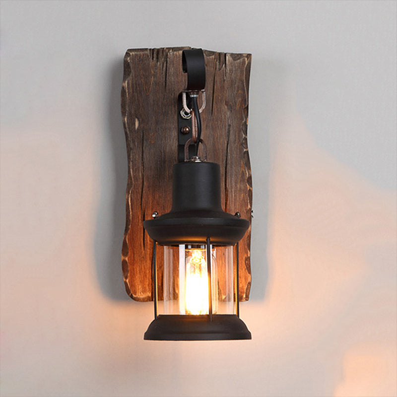 Frendorf | Schwarze Ein-Lampen-Wandleuchte Rustikales klares Glas mit Gitterbeleuchtung und Holzrückwand