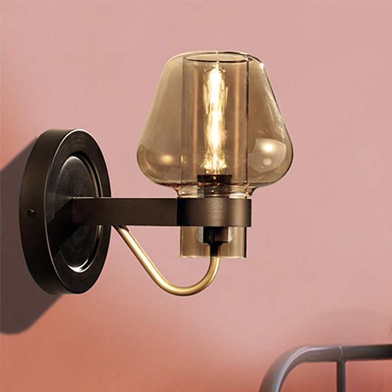 Frendorf | 1 Licht Amber Glas Wandlamp Modern Schwarzes Pilz Schlafzimmer Beleuchtungseinrichtung