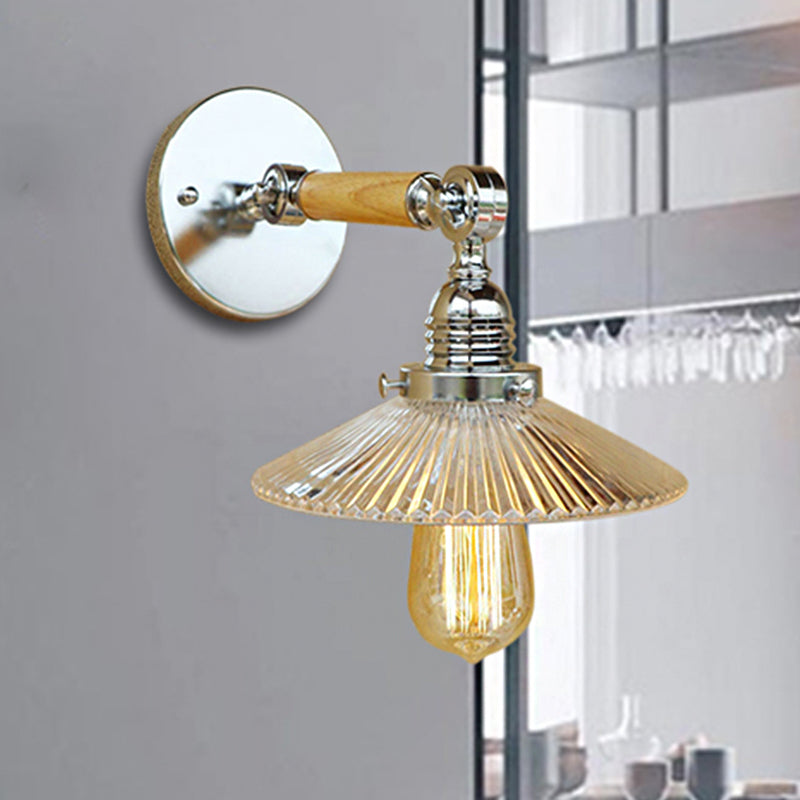 Frendorf | 1 Lichtklar ribbelig Glas Wand Sconce Licht Industriell Chrom Cone Wohnzimmer Beleuchtung Fixture, 8"/4"/6" Breite Holzarm