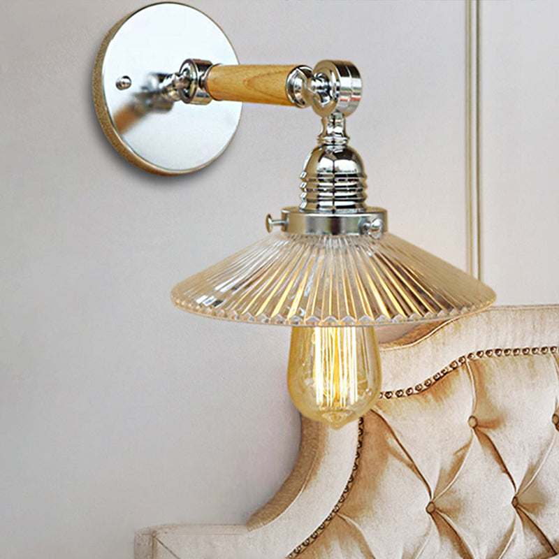 Frendorf | 1 Lichtklar ribbelig Glas Wand Sconce Licht Industriell Chrom Cone Wohnzimmer Beleuchtung Fixture, 8"/4"/6" Breite Holzarm