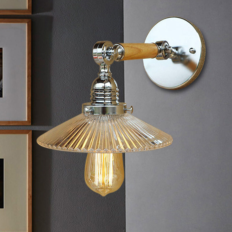 Frendorf | 1 Lichtklar ribbelig Glas Wand Sconce Licht Industriell Chrom Cone Wohnzimmer Beleuchtung Fixture, 8"/4"/6" Breite Holzarm