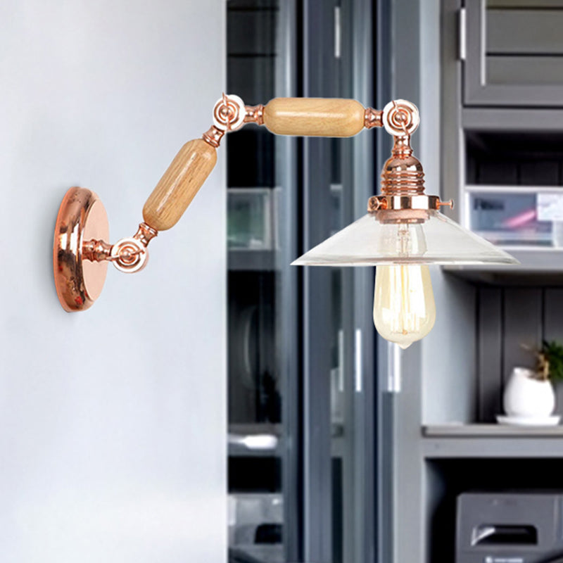 Frendorf | Klarer Glas Holz Wandleuchte Kegel 1-Licht Industrielle Wandlampe mit ausziehbarem Arm