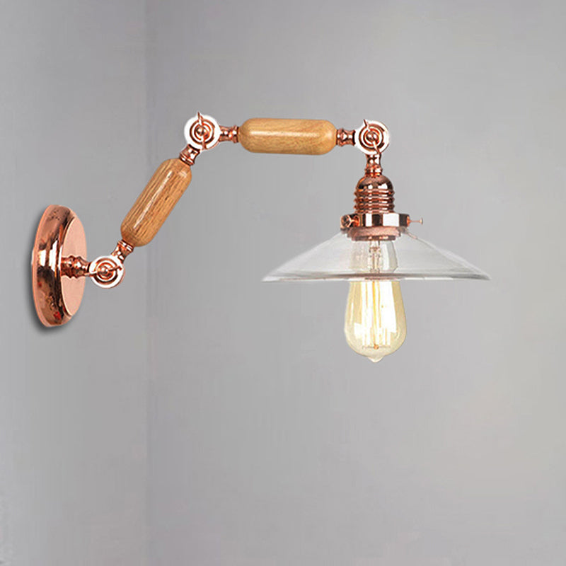 Frendorf | Klarer Glas Holz Wandleuchte Kegel 1-Licht Industrielle Wandlampe mit ausziehbarem Arm