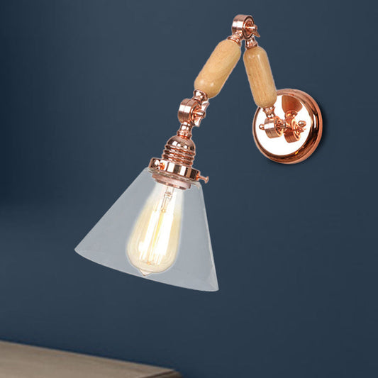Frendorf | Kegel Shade Slaapkamer Wandlamp Vintage Duidelijk Glas 1 Licht Houten Wandlamp met Lange Arm