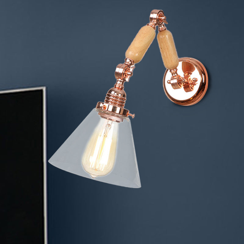 Frendorf | Kegel Shade Slaapkamer Wandlamp Vintage Duidelijk Glas 1 Licht Houten Wandlamp met Lange Arm