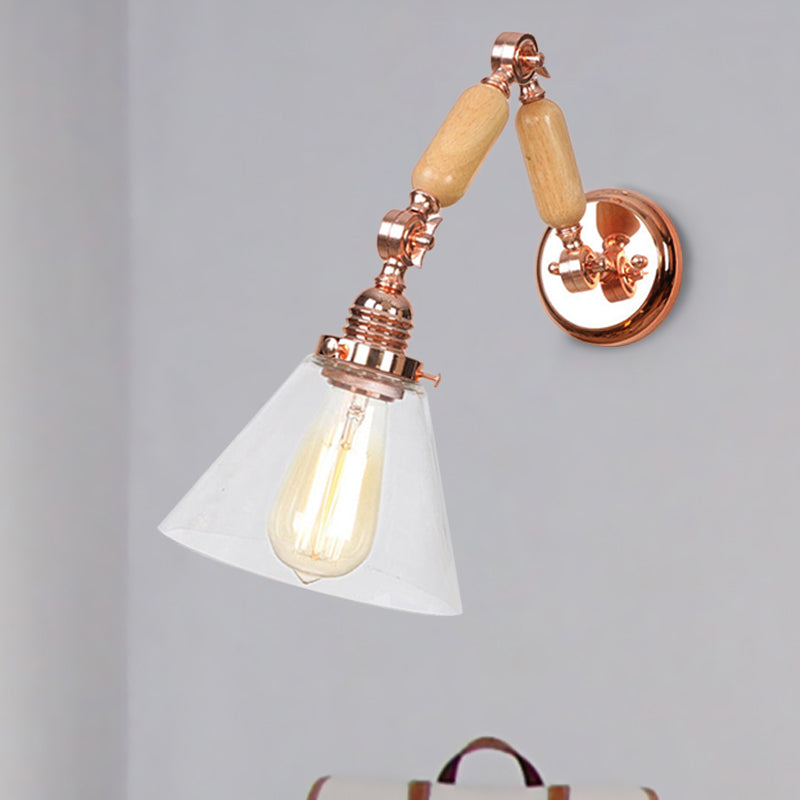 Frendorf | Kegel Shade Slaapkamer Wandlamp Vintage Duidelijk Glas 1 Licht Houten Wandlamp met Lange Arm
