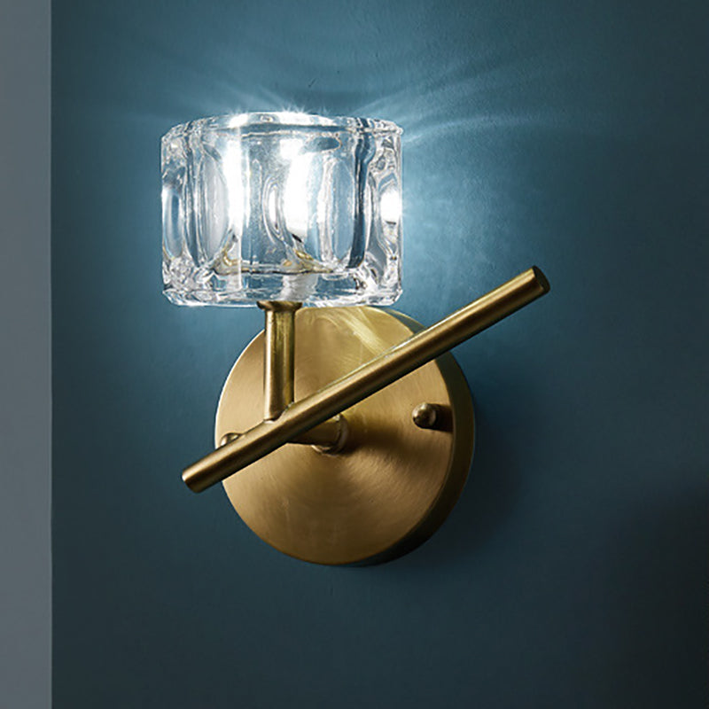 Frendorf | 1/2-Licht Schlafzimmer Wandbeleuchtung Zeitgenössischer Stil Messing-Finish mit quadratischem klarem Kristallschirm