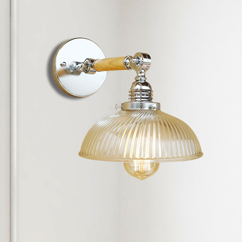 Frendorf | Gewölbte Wohnraum Wandlichtarmatur Antik Stilvolle Rippenglas 1 Licht Klare Wandlampe für Flur, 8"/4"/6" L Holzarm