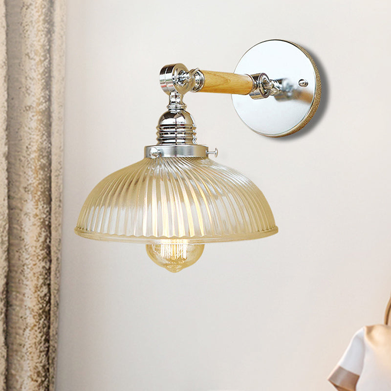 Frendorf | Gewölbte Wohnraum Wandlichtarmatur Antik Stilvolle Rippenglas 1 Licht Klare Wandlampe für Flur, 8"/4"/6" L Holzarm
