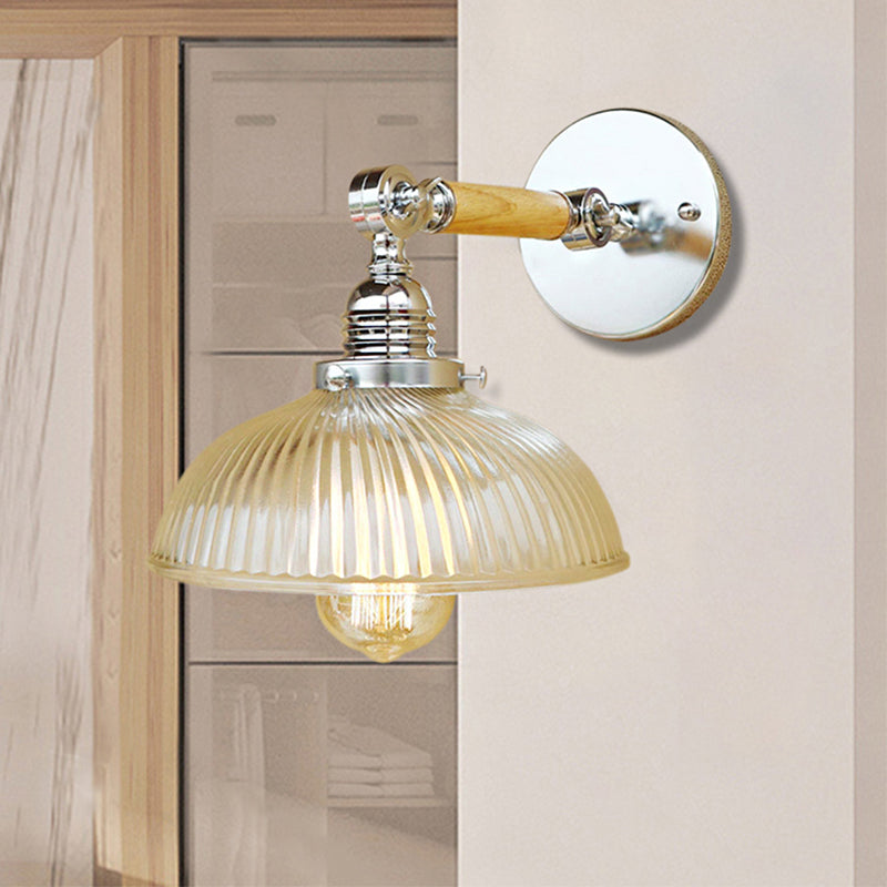 Frendorf | Gewölbte Wohnraum Wandlichtarmatur Antik Stilvolle Rippenglas 1 Licht Klare Wandlampe für Flur, 8"/4"/6" L Holzarm
