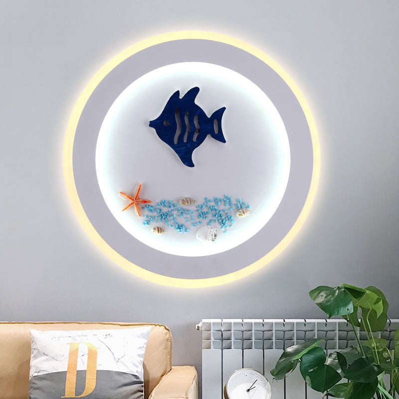 Frendorf | Maritime Stijlvolle Cirkel Wandlamp met Zee Acryl LED Wandlamp in Wit voor Kinderkamer