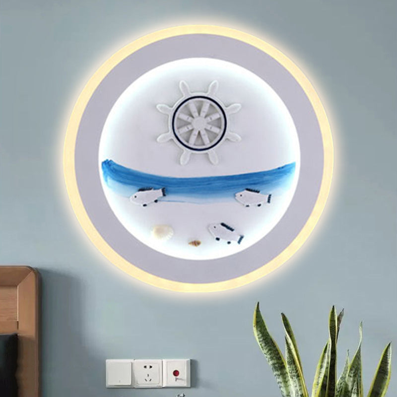 Frendorf | Maritime Stijlvolle Cirkel Wandlamp met Zee Acryl LED Wandlamp in Wit voor Kinderkamer