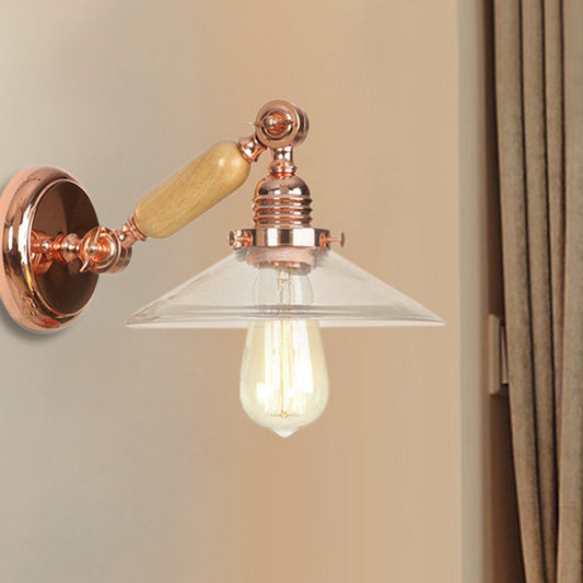 Frendorf | 1 Lichtklarer Glas-Wandleuchte Rustikales Roségold-Kegel Wohnraumbeleuchtung mit drehbarem Arm