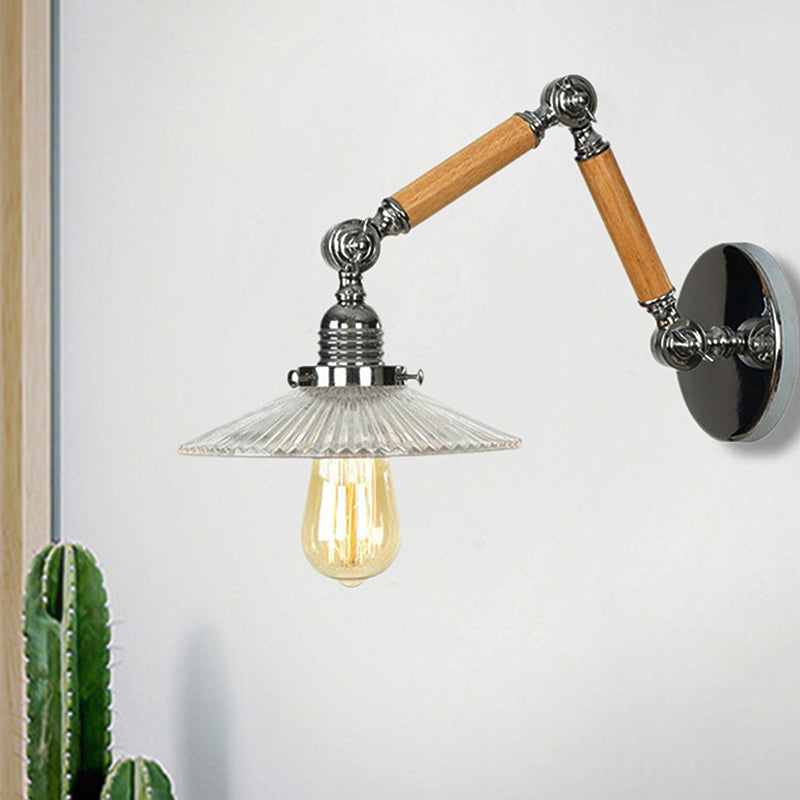 Frendorf | Eine Leuchten Wandlampe mit Schüsselschirm geriffeltes Glas Vintage Arbeitszimmer Wandleuchte mit 8"+8"/6"+6"/8"+4" ausziehbarem Holzarm