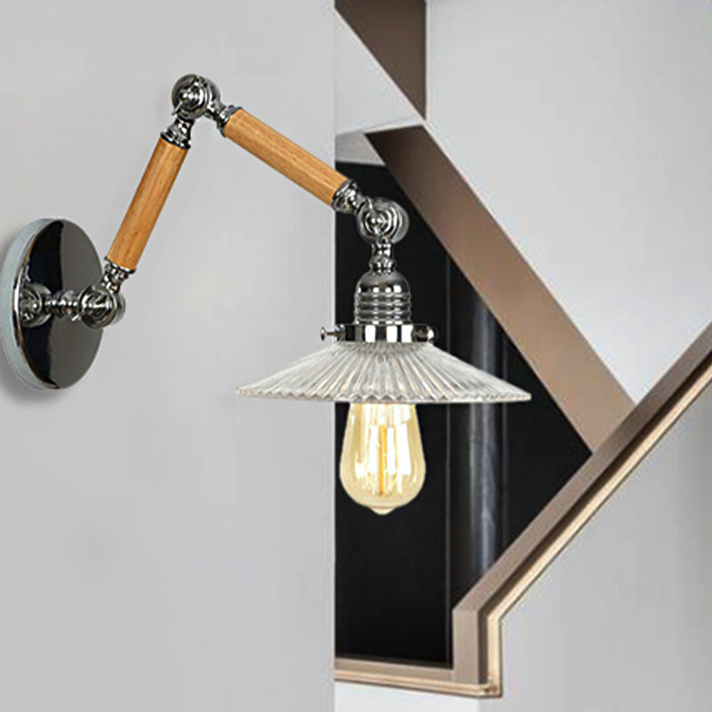 Frendorf | Eine Leuchten Wandlampe mit Schüsselschirm geriffeltes Glas Vintage Arbeitszimmer Wandleuchte mit 8"+8"/6"+6"/8"+4" ausziehbarem Holzarm
