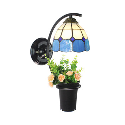 Frendorf | Dome Wandlamp Tiffany Gekleurd Glas 1 Hoofd Geel/Helder/Blauw Wandlamp Fixture met Bloemdecoratie