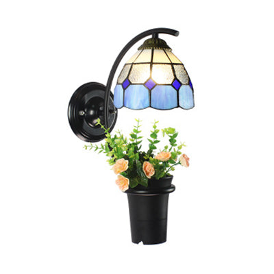 Frendorf | Dome Wandlamp Tiffany Gekleurd Glas 1 Hoofd Geel/Helder/Blauw Wandlamp Fixture met Bloemdecoratie