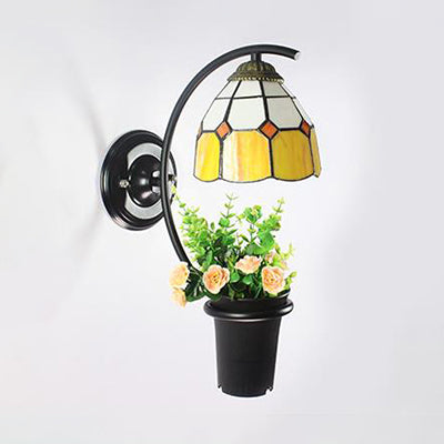 Frendorf | Dome Wandlamp Tiffany Gekleurd Glas 1 Hoofd Geel/Helder/Blauw Wandlamp Fixture met Bloemdecoratie