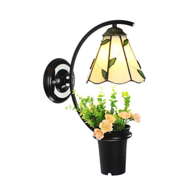 Frendorf | Lily Wandlamp Tiffany Beige/Helder Glas 1 Hoofd Zwarte Sconces Verlichting met Bloemdecoratie