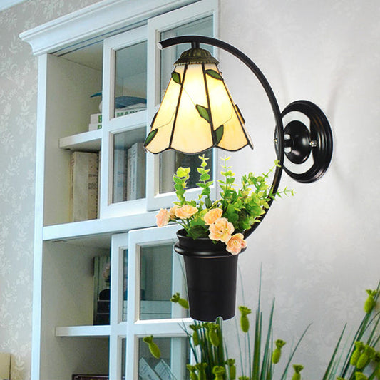 Frendorf | Lily Wandlamp Tiffany Beige/Helder Glas 1 Hoofd Zwarte Sconces Verlichting met Bloemdecoratie