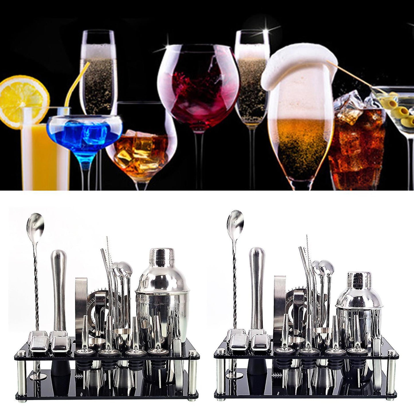 Frendorf | MixMaster 23-teiliges Barkeeper Kit | Edelstahl Cocktail Shaker Set | Professionelles Bar Zubehör mit Ständer